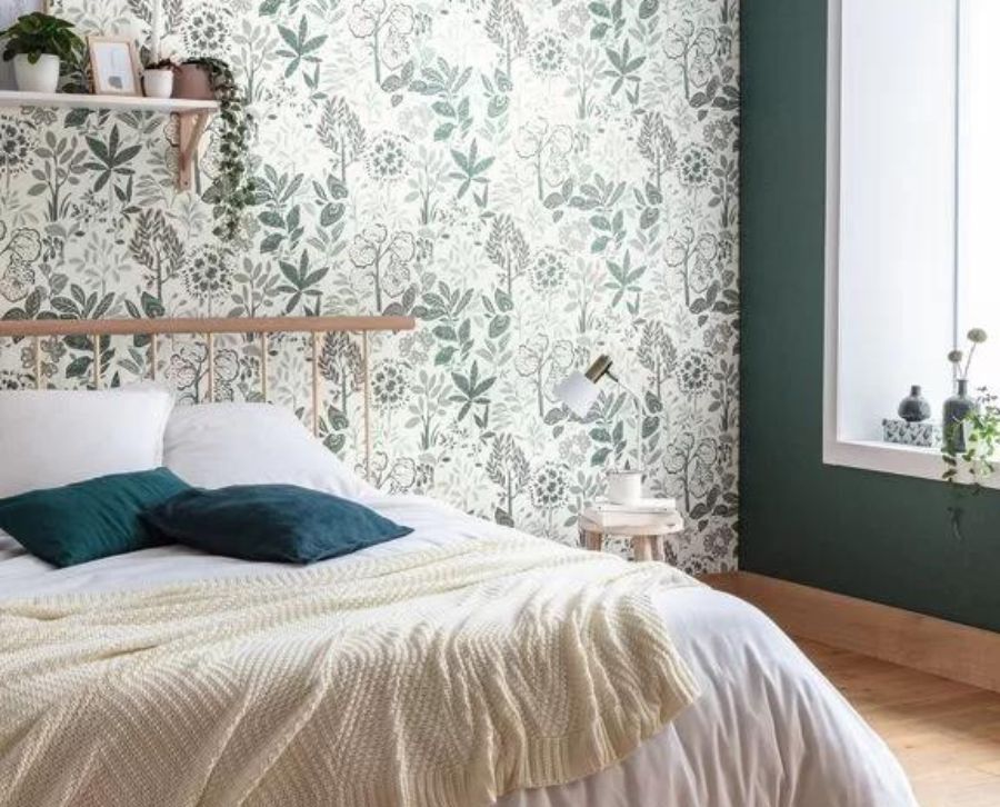 Papel pintado para dormitorio verde y gris
